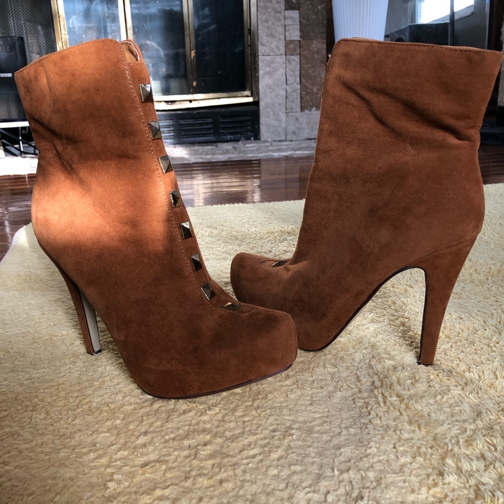 Brown Suede Studded  Platform Ankle High Heel Boots Size 8 - Picture 8 of 16